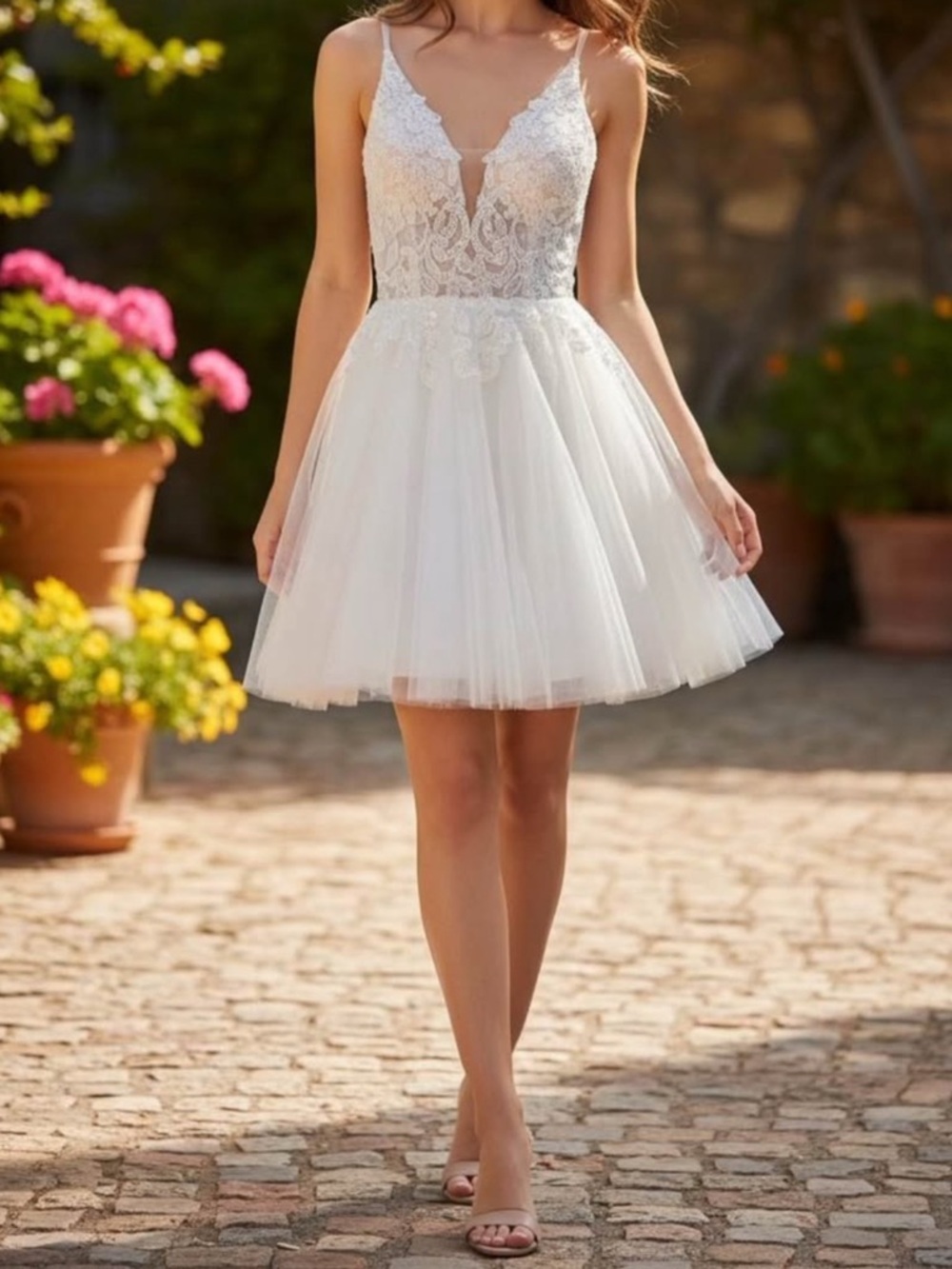 Lace Bodice Tulle Mini Dress in White